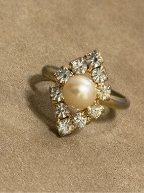 Pearl and Crystal Gold-Tone Cocktail Ring